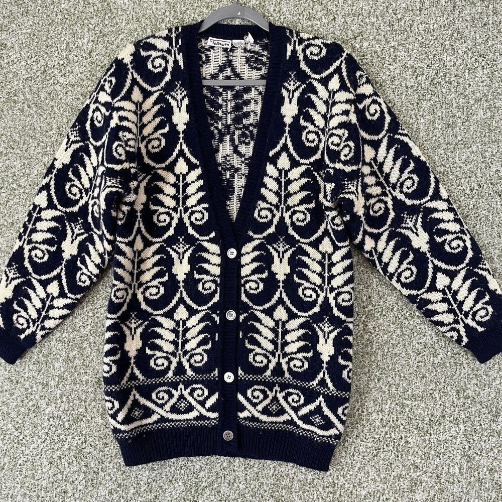 Talbots Sweater Womens Small Navy Paisley Wool 80s Cardigan Oversized Boho Gran